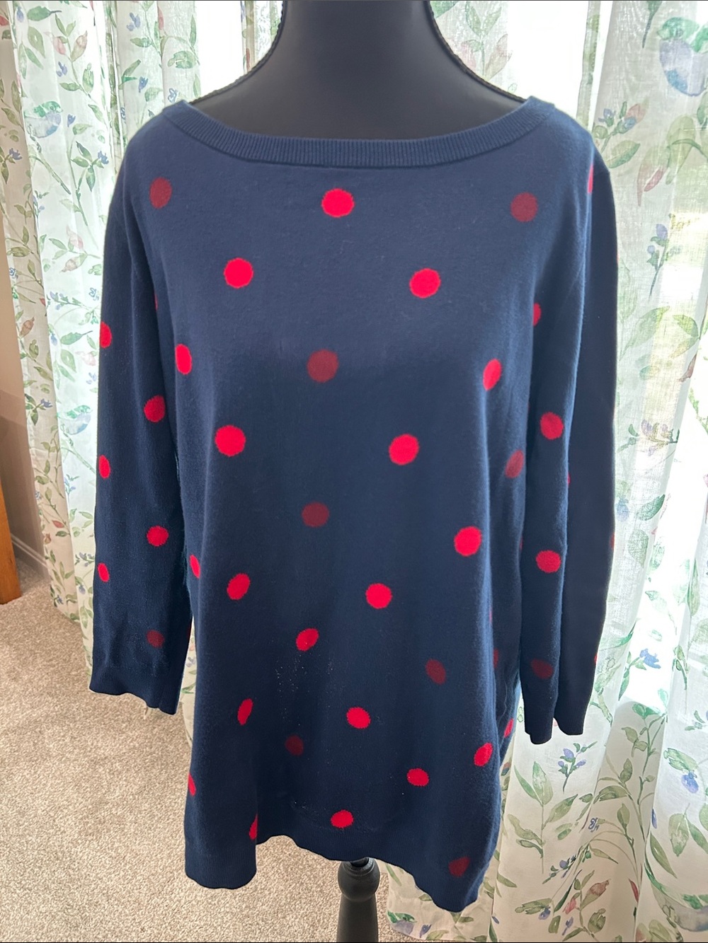 Lands' End Navy Crewneck Sweater with Red Polka Dots